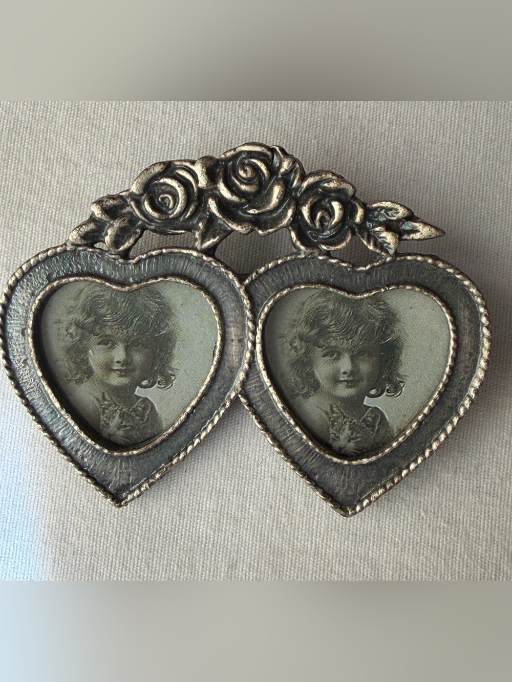Vintage Pewter Double Heart Photo Frame Brooch